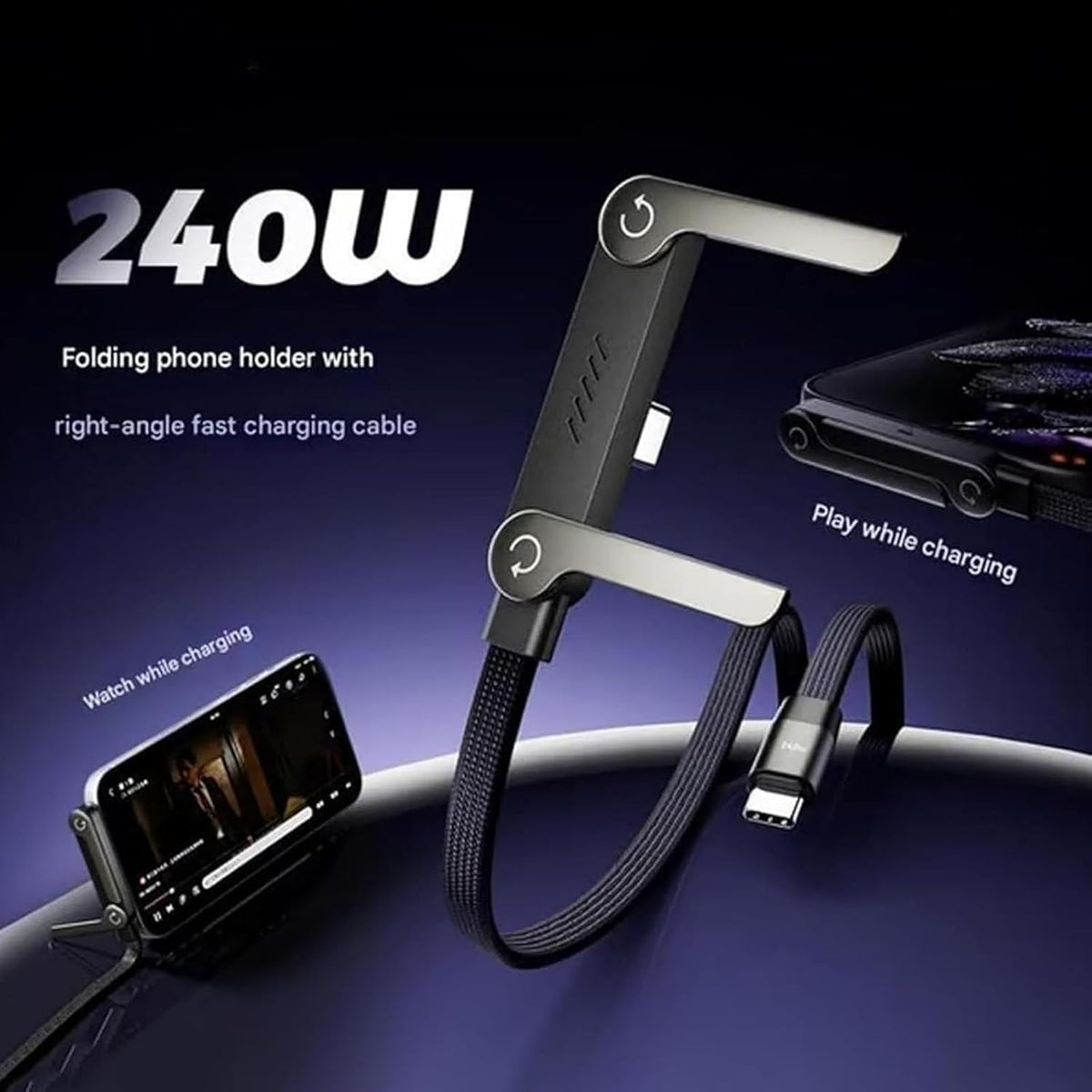 240W Super Fast Charging 2-in-1 Cable with Invisible Holder & Stand for Gaming, Office, Car Travel